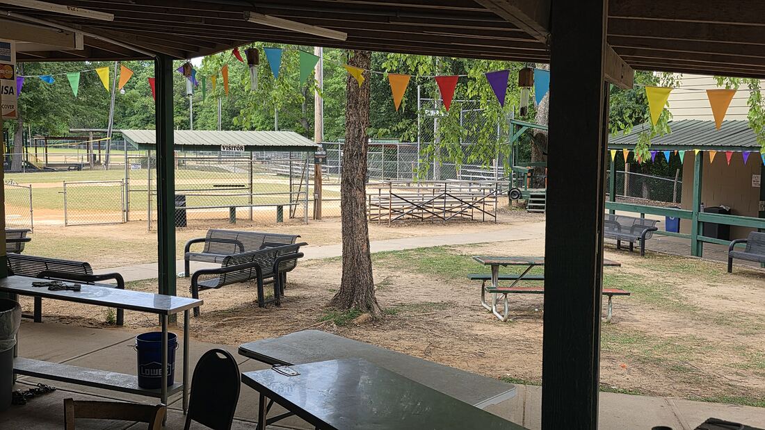 The covered pavilion at Bethel Park, decorated with bunting
